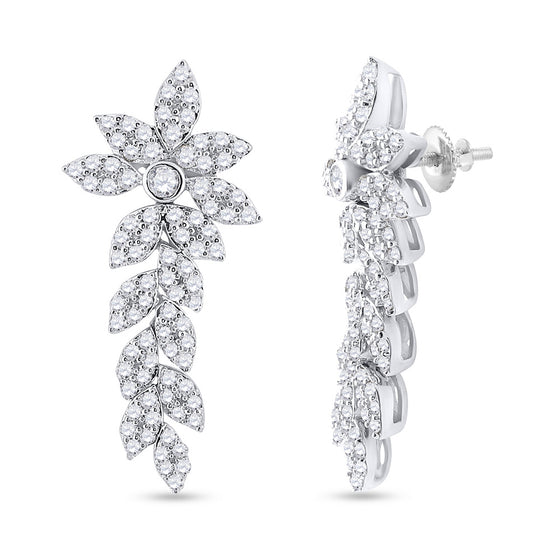 14k White Gold Womens Round Diamond Leaf Dangle Earrings 1-1/5 Cttw