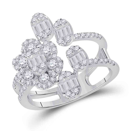14k White Gold Womens Baguette Diamond Flower Band Ring 1 Cttw