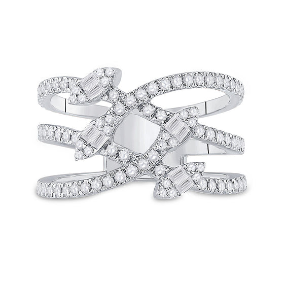 14k White Gold Womens Baguette Diamond Crossover Strand Band Ring 3/4 Cttw