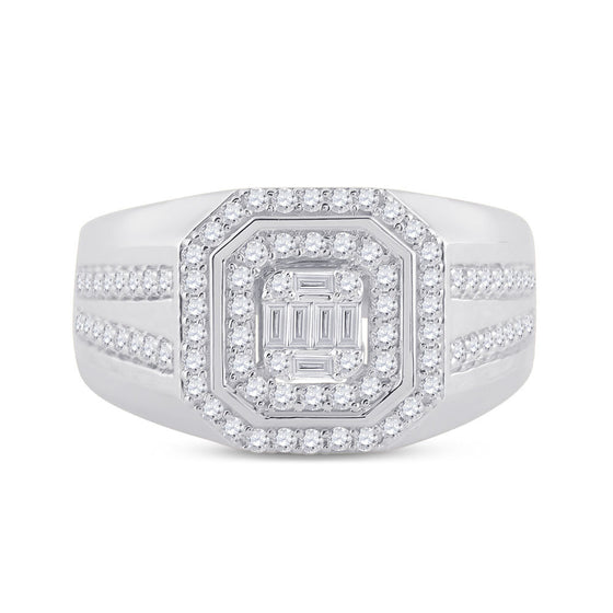 14k White Gold Mens Baguette Diamond Octagon Cluster Ring 3/4 Cttw