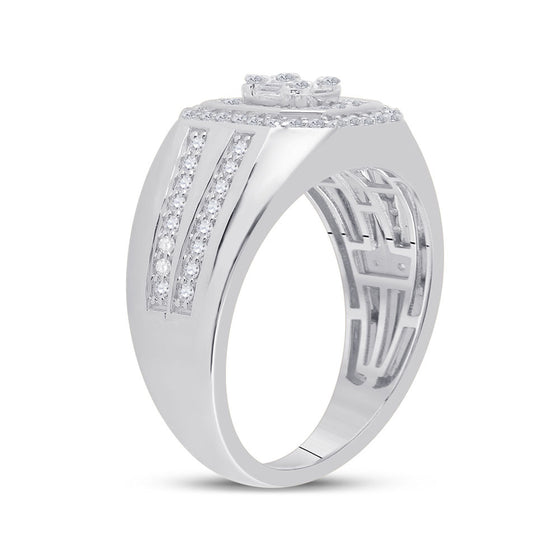 14k White Gold Mens Baguette Diamond Octagon Cluster Ring 3/4 Cttw
