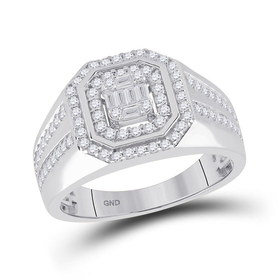 14k White Gold Mens Baguette Diamond Octagon Cluster Ring 3/4 Cttw