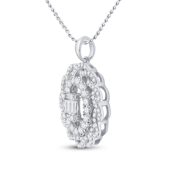 14k White Gold Womens Baguette Diamond Oval Pendant 1 Cttw
