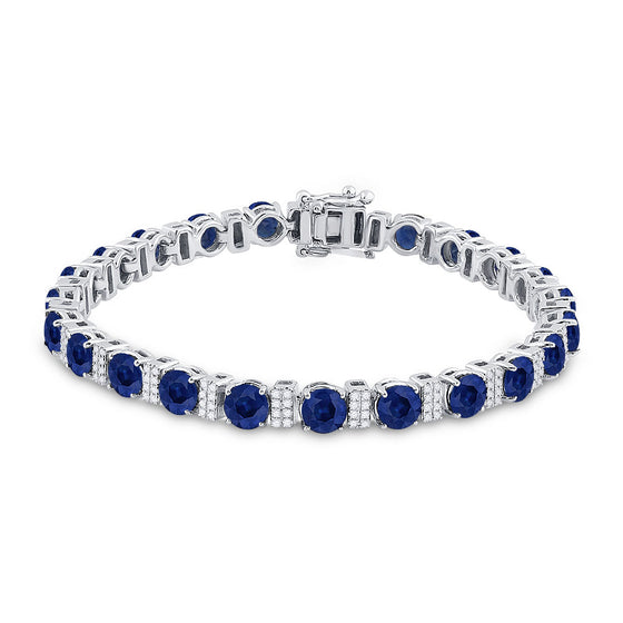 14k White Gold Womens Round Blue Sapphire Diamond Tennis Bracelet 15-1/4 Cttw