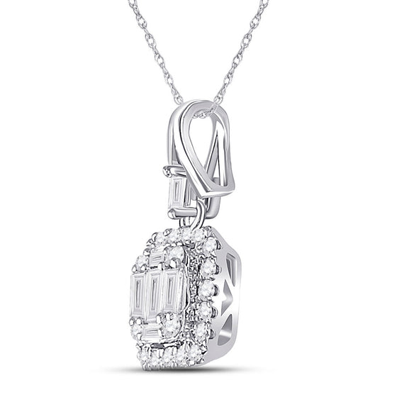 14k White Gold Womens Baguette Diamond Square Cluster Pendant 1/4 Cttw