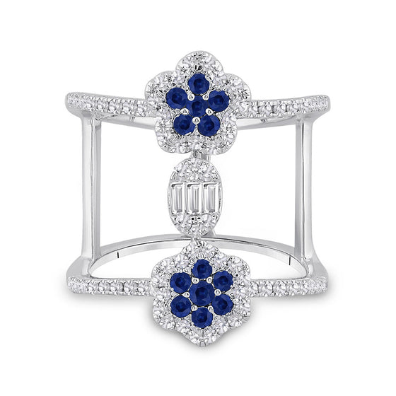 14k White Gold Womens Round Blue Sapphire Diamond Negative Space Band Ring 1 Cttw