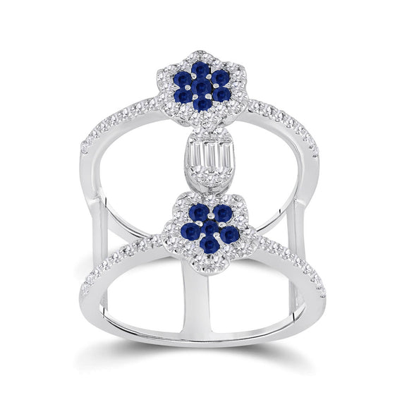 14k White Gold Womens Round Blue Sapphire Diamond Negative Space Band Ring 1 Cttw