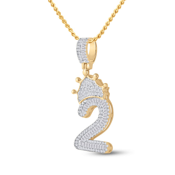 10k Yellow Gold Mens Baguette Diamond Number 2 Crown Charm Pendant 3/4 Cttw