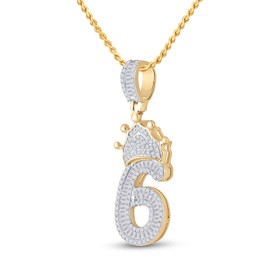 10k Yellow Gold Mens Baguette Diamond Number 6 Crown Charm Pendant 3/4 Cttw