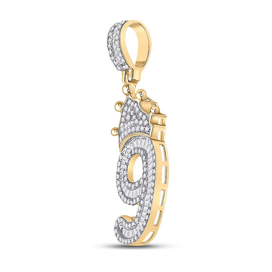 10k Yellow Gold Mens Round Diamond Number 9 Crown Charm Pendant 3/4 Cttw
