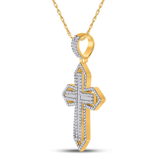14k Yellow Gold Mens Baguette Diamond Cross Charm Pendant 7/8 Cttw