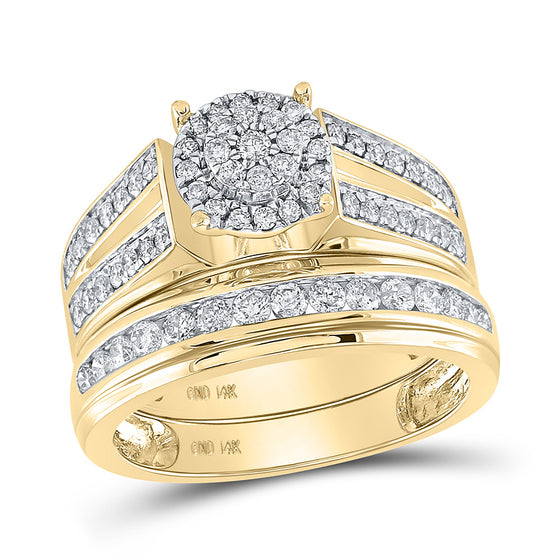 14k Yellow Gold His Hers Round Diamond Cluster Matching Wedding Set 1-1/4 Cttw