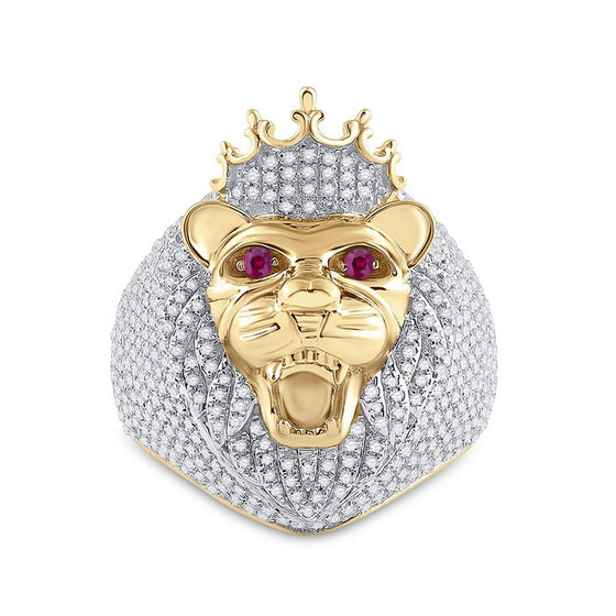 14k Yellow Gold Mens Round Ruby Diamond Lion Face Animal Ring 1-3/4 Cttw