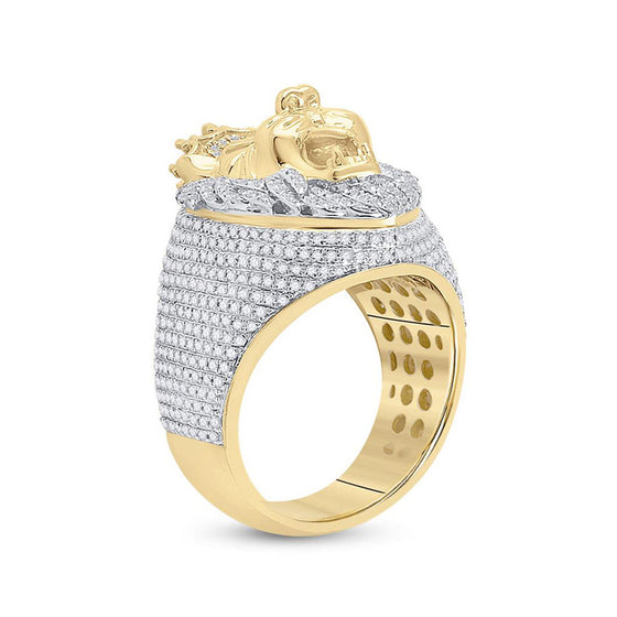 14k Yellow Gold Mens Round Ruby Diamond Lion Face Animal Ring 1-3/4 Cttw