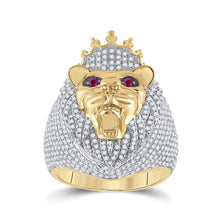  14k Yellow Gold Mens Round Ruby Diamond Lion Face Animal Ring 1-3/4 Cttw