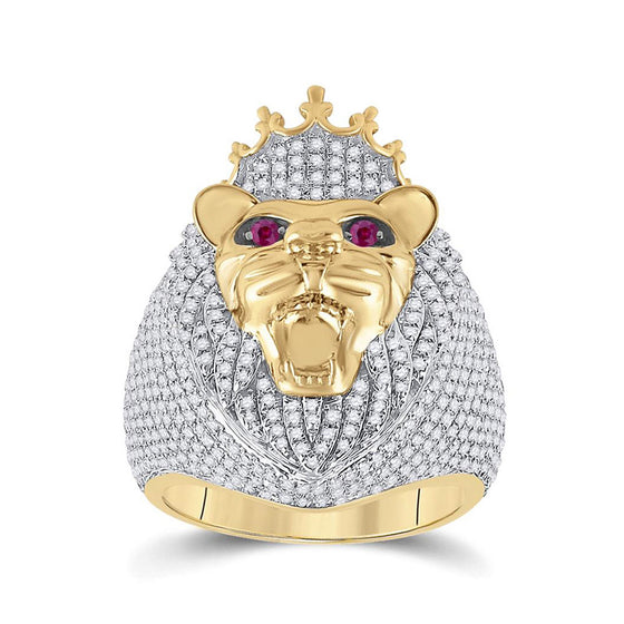 14k Yellow Gold Mens Round Ruby Diamond Lion Face Animal Ring 1-3/4 Cttw