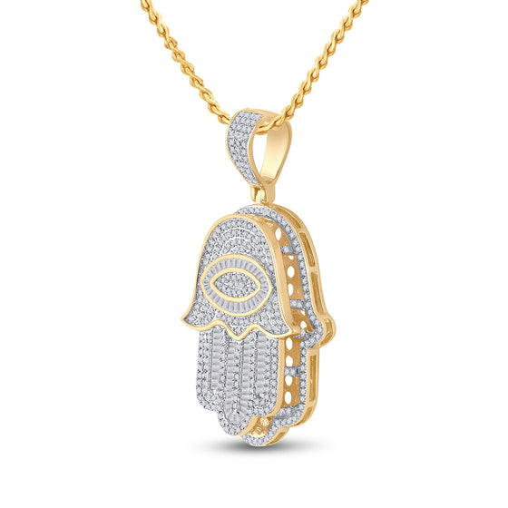 14k Yellow Gold Mens Baguette Diamond Eye Fatima Hamsa Charm Pendant 1-1/2 Cttw