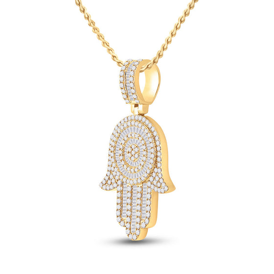 14k Yellow Gold Mens Baguette Diamond Hamsa Hand Charm Pendant 3 Cttw