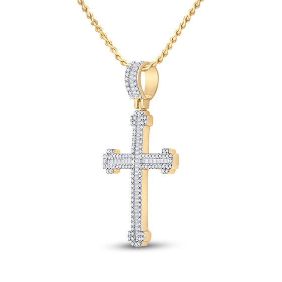 14k Yellow Gold Mens Round Diamond Cross Charm Pendant 7/8 Cttw