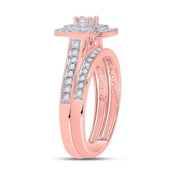 10k Rose Gold Round Diamond Halo Bridal Wedding Ring Band Set 1/2 Cttw