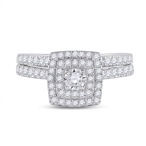 10k White Gold Round Diamond Halo Bridal Wedding Ring Band Set 1/2 Cttw