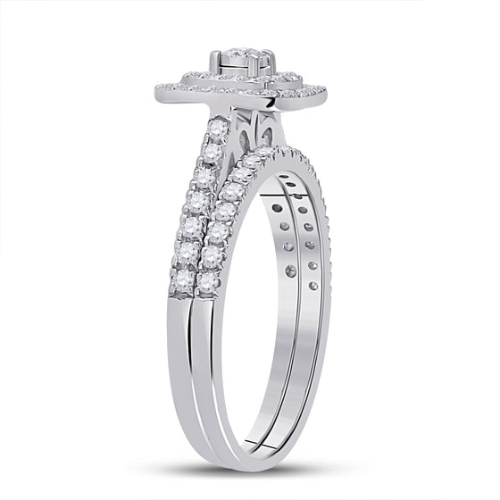 10k White Gold Round Diamond Halo Bridal Wedding Ring Band Set 1/2 Cttw
