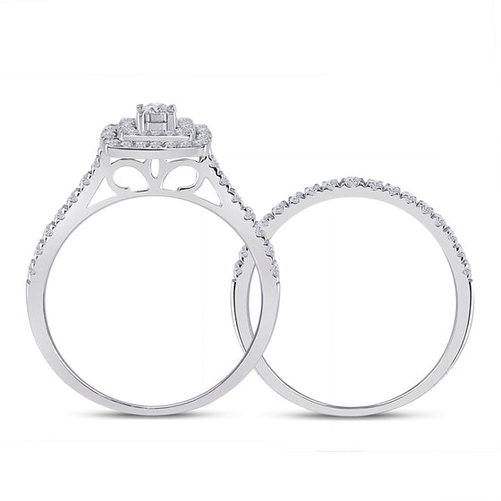 10k White Gold Round Diamond Halo Bridal Wedding Ring Band Set 1/2 Cttw