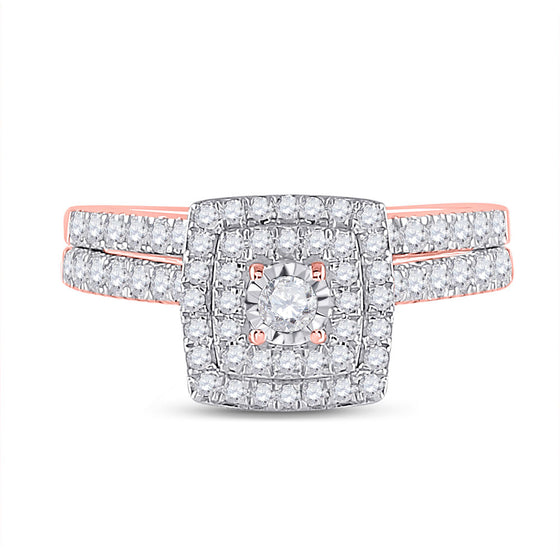 10k Rose Gold Round Diamond Halo Bridal Wedding Ring Band Set 1/2 Cttw