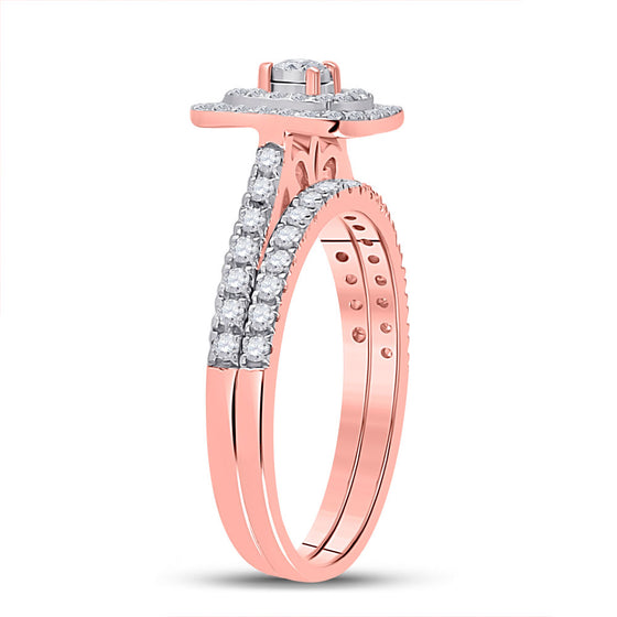 10k Rose Gold Round Diamond Halo Bridal Wedding Ring Band Set 1/2 Cttw