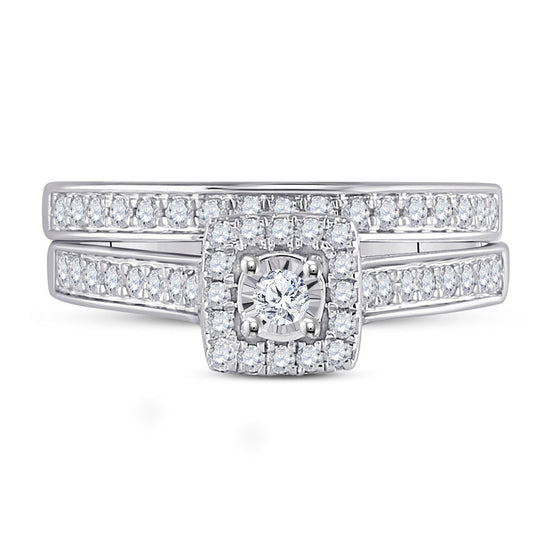 10k White Gold Round Diamond Halo Bridal Wedding Ring Band Set 1/2 Cttw