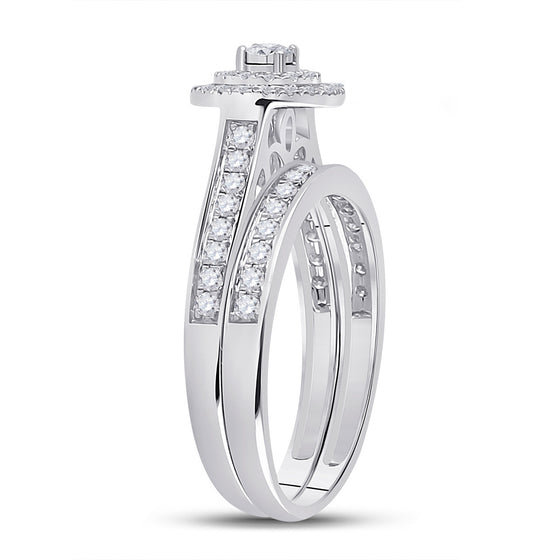 10k White Gold Round Diamond Halo Bridal Wedding Ring Band Set 1/2 Cttw