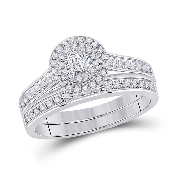 10k White Gold Round Diamond Halo Bridal Wedding Ring Band Set 1/2 Cttw