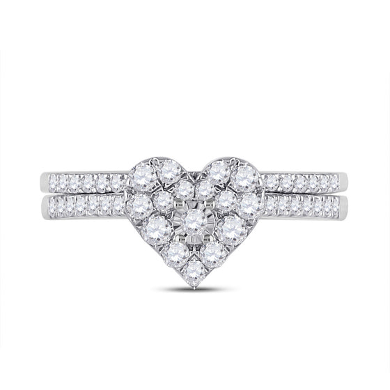 10k White Gold Round Diamond Heart Bridal Wedding Ring Band Set 1/2 Cttw