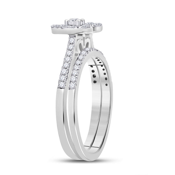 10k White Gold Round Diamond Heart Bridal Wedding Ring Band Set 1/2 Cttw