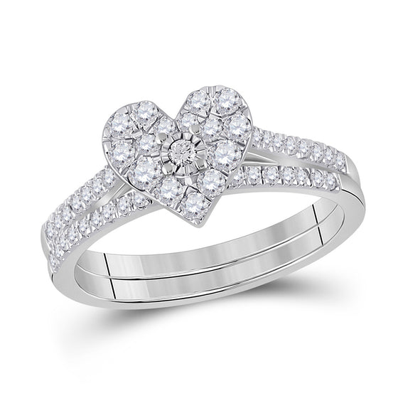10k White Gold Round Diamond Heart Bridal Wedding Ring Band Set 1/2 Cttw