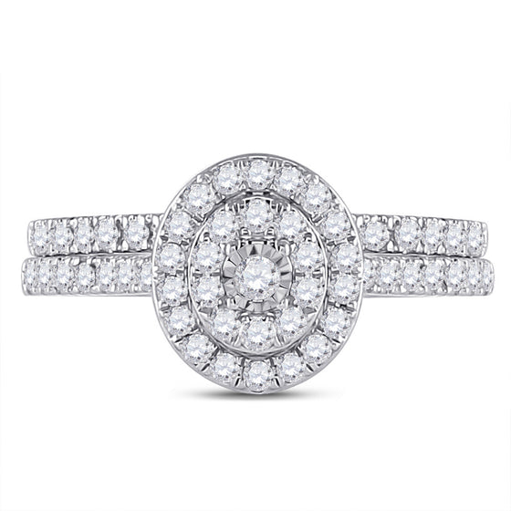 10k White Gold Round Diamond Oval Halo Bridal Wedding Ring Band Set 1/2 Cttw