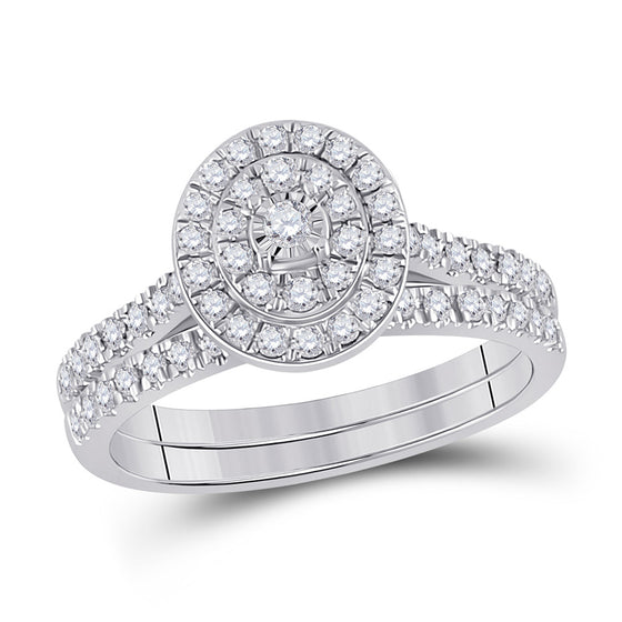 10k White Gold Round Diamond Oval Halo Bridal Wedding Ring Band Set 1/2 Cttw