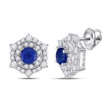  14k White Gold Womens Round Blue Sapphire Diamond Halo Earrings 1-1/4 Cttw