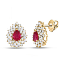  14k Yellow Gold Womens Pear Ruby Diamond Cluster Earrings 1-1/2 Cttw