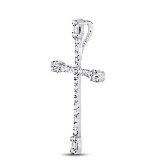 14k White Gold Womens Baguette Round Diamond Cross Pendant 3/4 Cttw