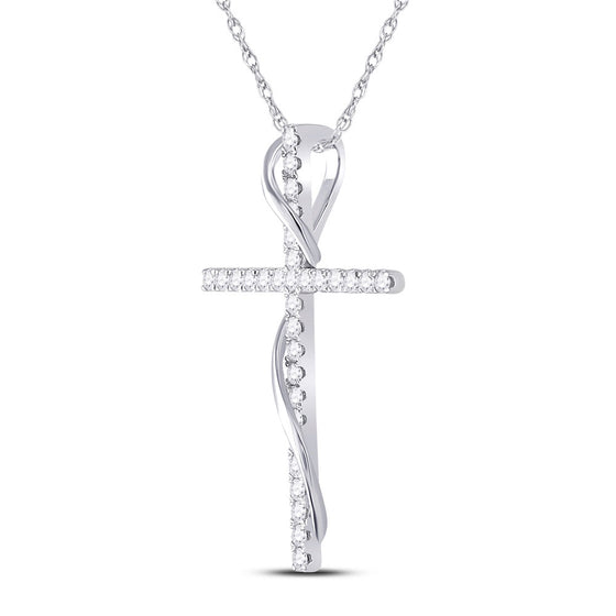 14k White Gold Womens Round Diamond Cross Pendant 1/2 Cttw
