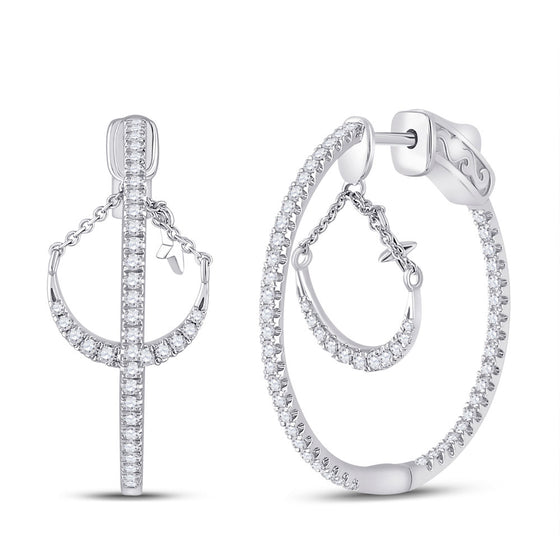 14k White Gold Womens Round Diamond Dangle Hoop Earrings 1 Cttw