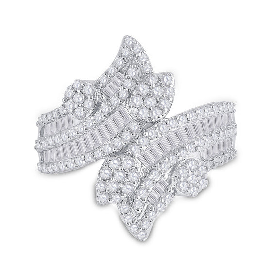 14k White Gold Womens Baguette Diamond Bypass Cluster Fashion Ring 1-1/3 Cttw
