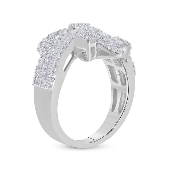 14k White Gold Womens Baguette Diamond Bypass Cluster Fashion Ring 1-1/3 Cttw