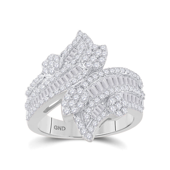 14k White Gold Womens Baguette Diamond Bypass Cluster Fashion Ring 1-1/3 Cttw