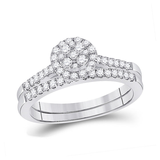 14k White Gold Round Diamond Cluster Bridal Wedding Ring Band Set 1/2 Cttw