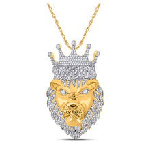  10k Yellow Gold Mens Round Diamond Lion Face Crown Charm Pendant 1-3/4 Cttw