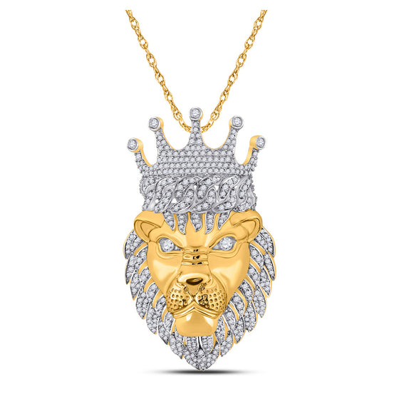 10k Yellow Gold Mens Round Diamond Lion Face Crown Charm Pendant 1-3/4 Cttw