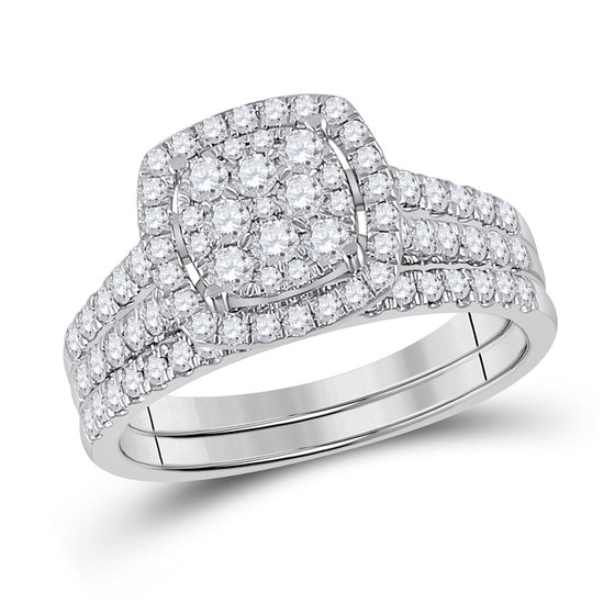 10k White Gold Round Diamond Square Halo Bridal Wedding Ring Band Set 1 Cttw