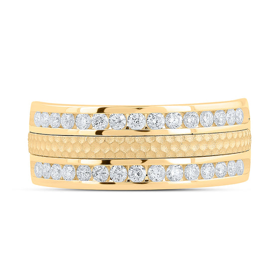 14k Yellow Gold Mens Round Diamond Wedding Hammered Band Ring 3/4 Cttw